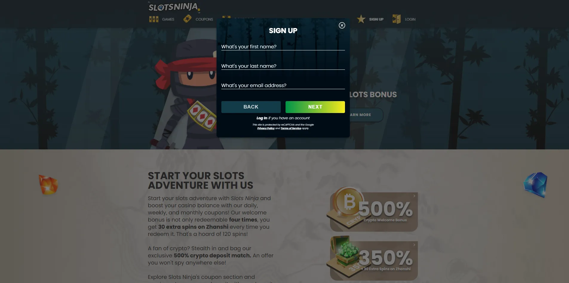 Account creation at Slots Ninja