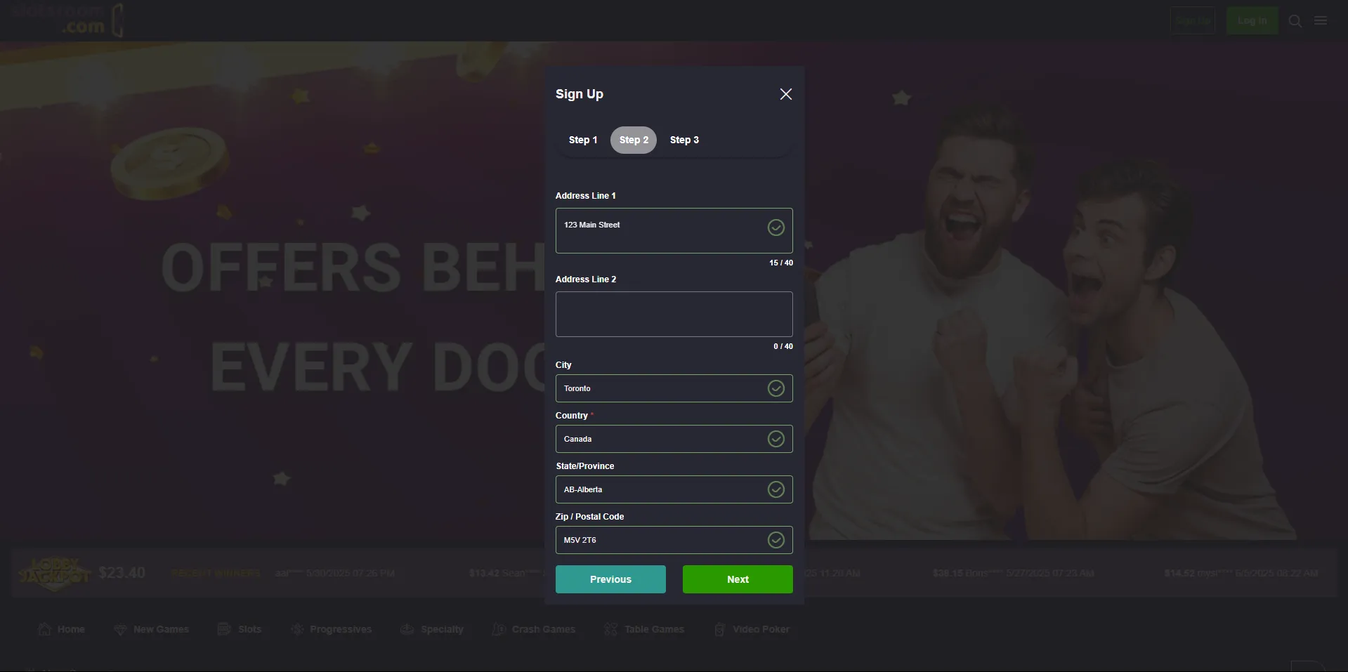 Address form at SlotsRoom