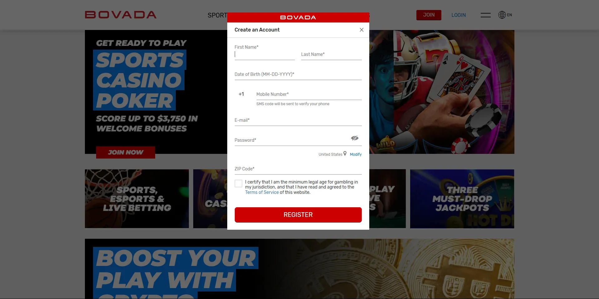 BOVADA sign up button