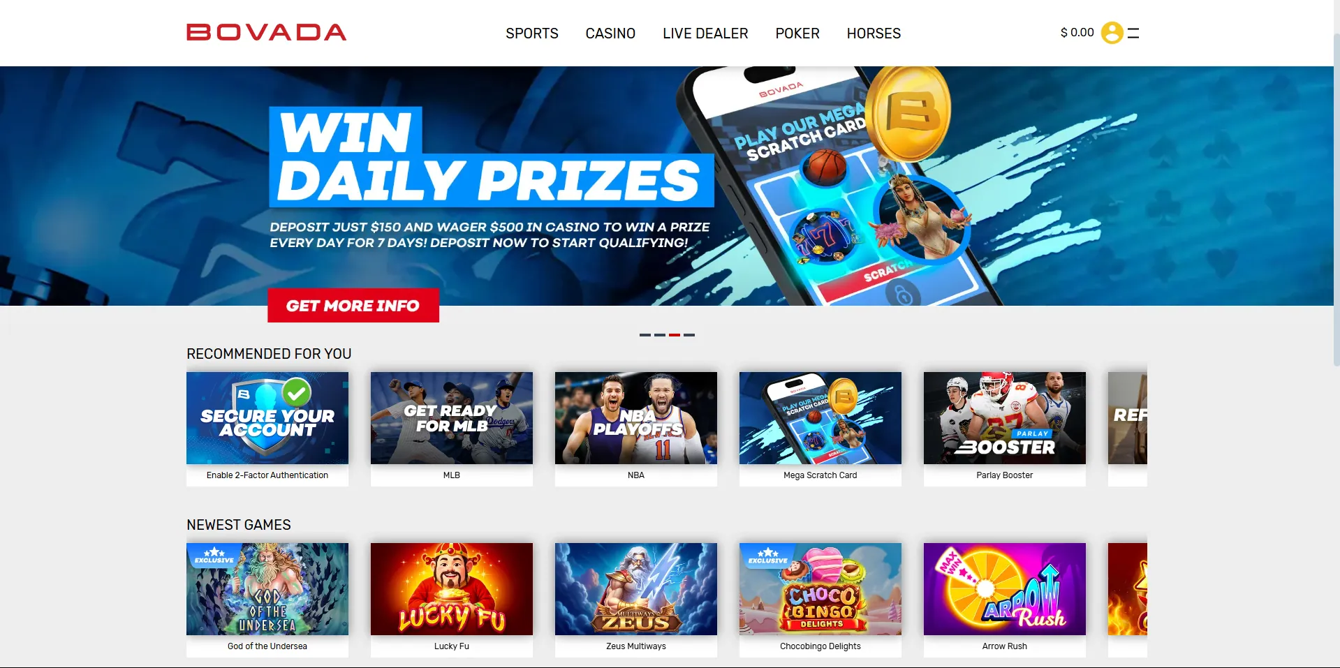 Screenshot of BOVADA lobby