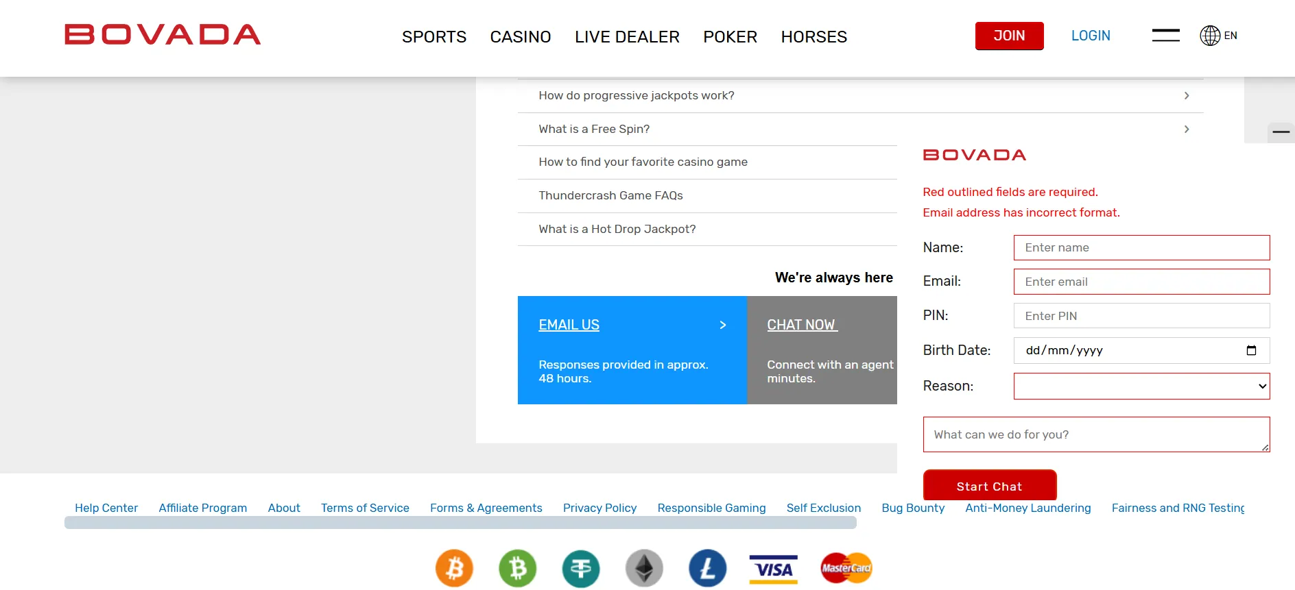 Screenshot of BOVADA contact information