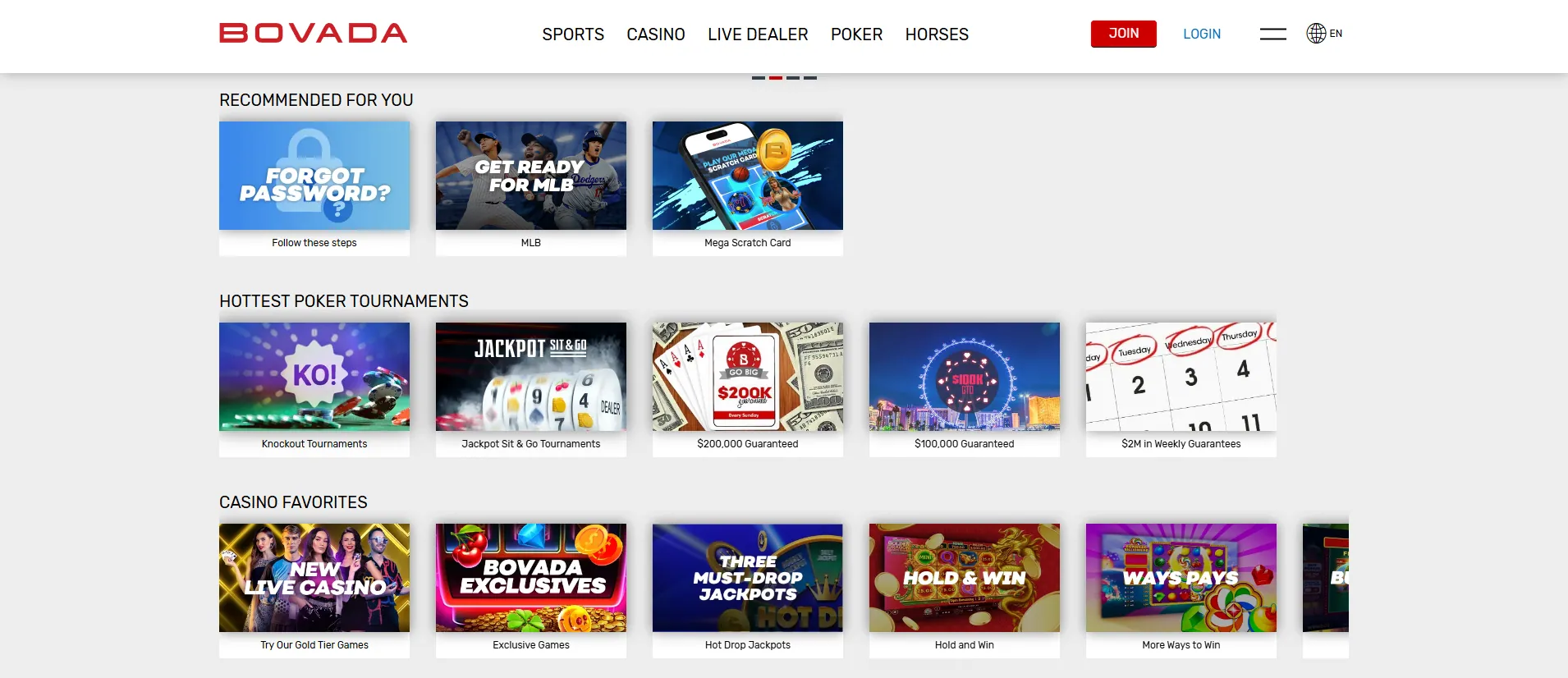 Screenshot of BOVADA game lobby