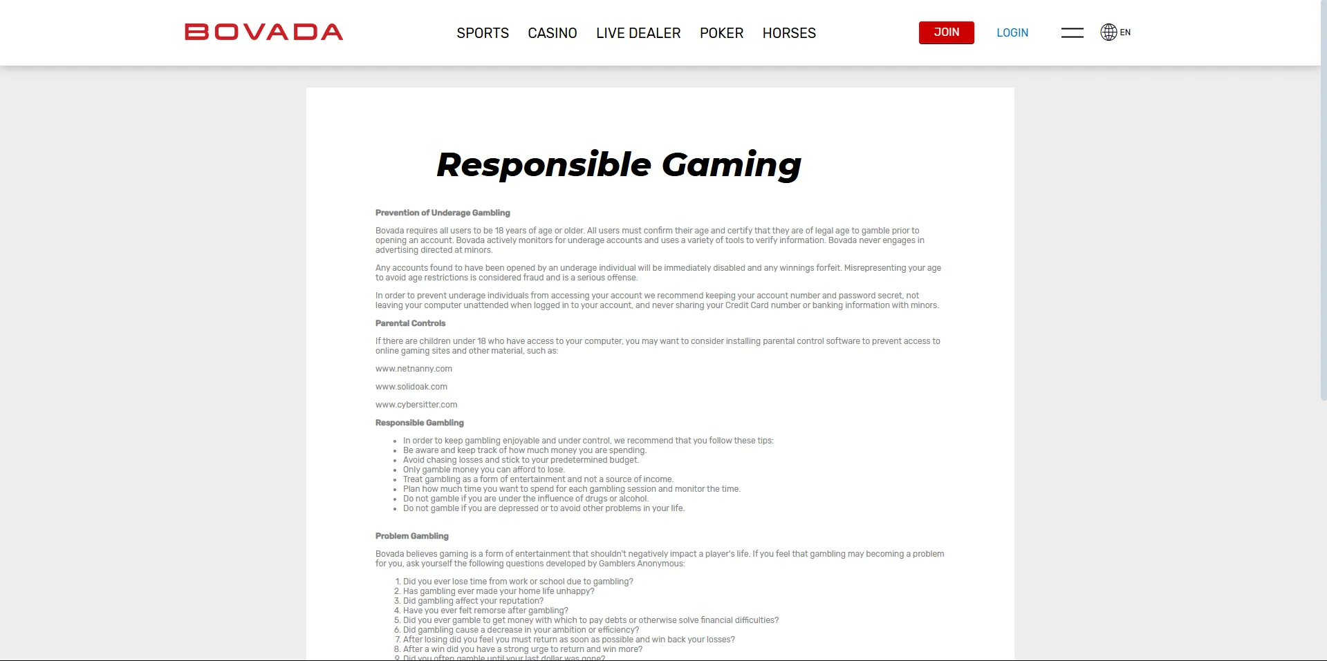 Screenshot of BOVADA responsible gaming page