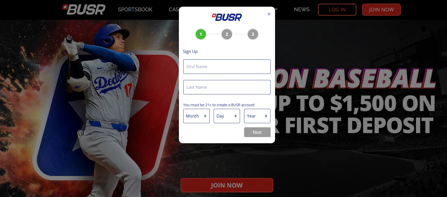 A screenshot of BUSR sign up page