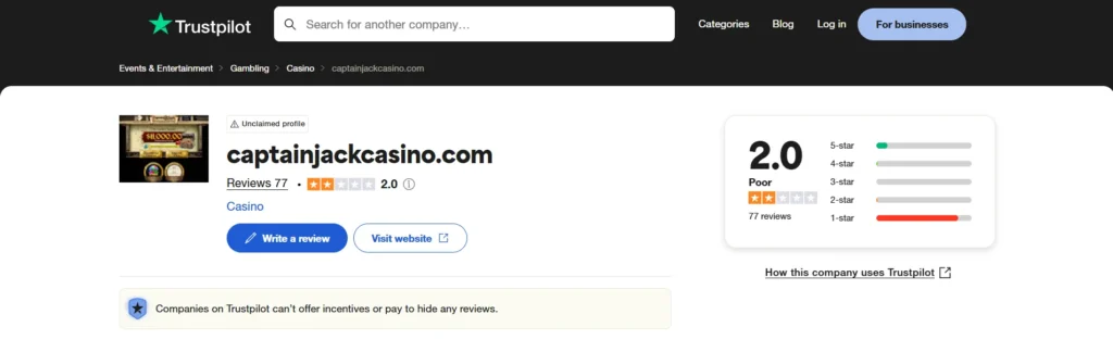 Trustpilot negative reviews of Captain Jack Casino