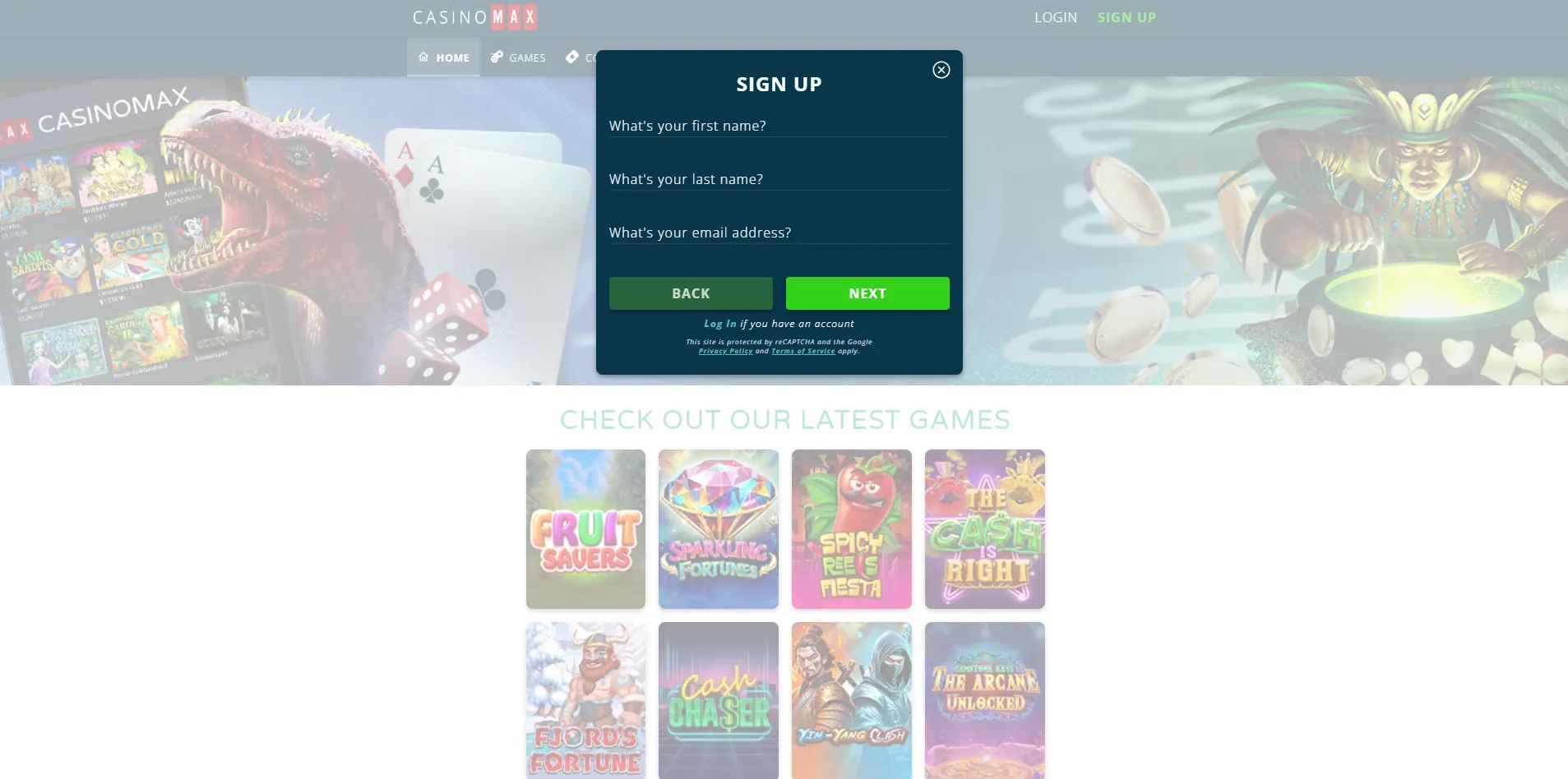 Screenshot of Casinomax sign up page