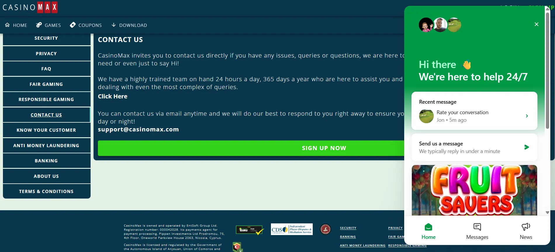 A screenshot of Casinomax contact information