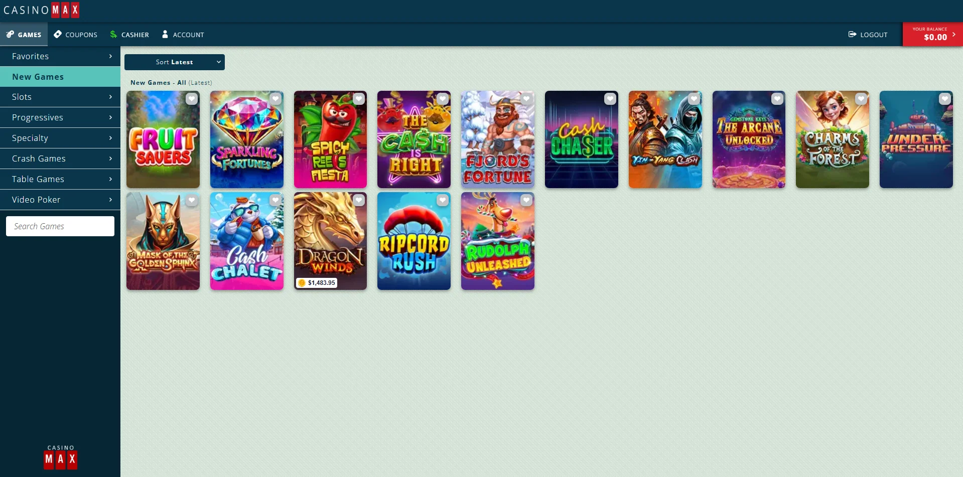 A screenshot of Casinomax game lobby