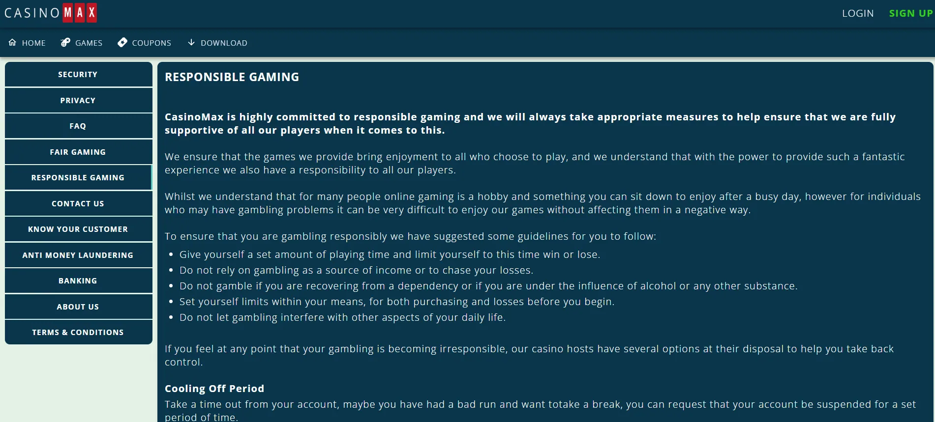 a screenshot of CasinoMax responsible gaming