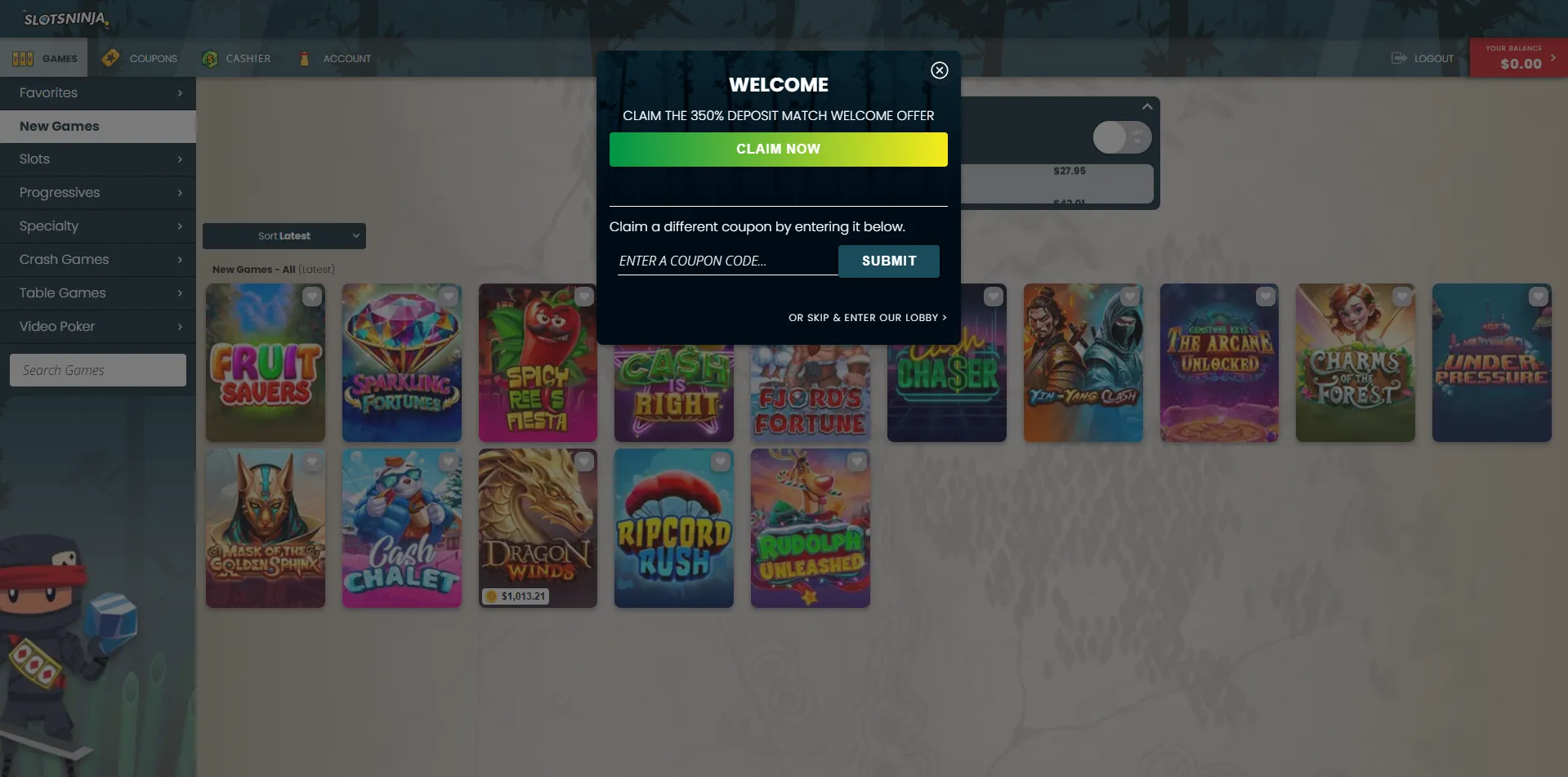 Claim welcome bonus at Slots Ninja