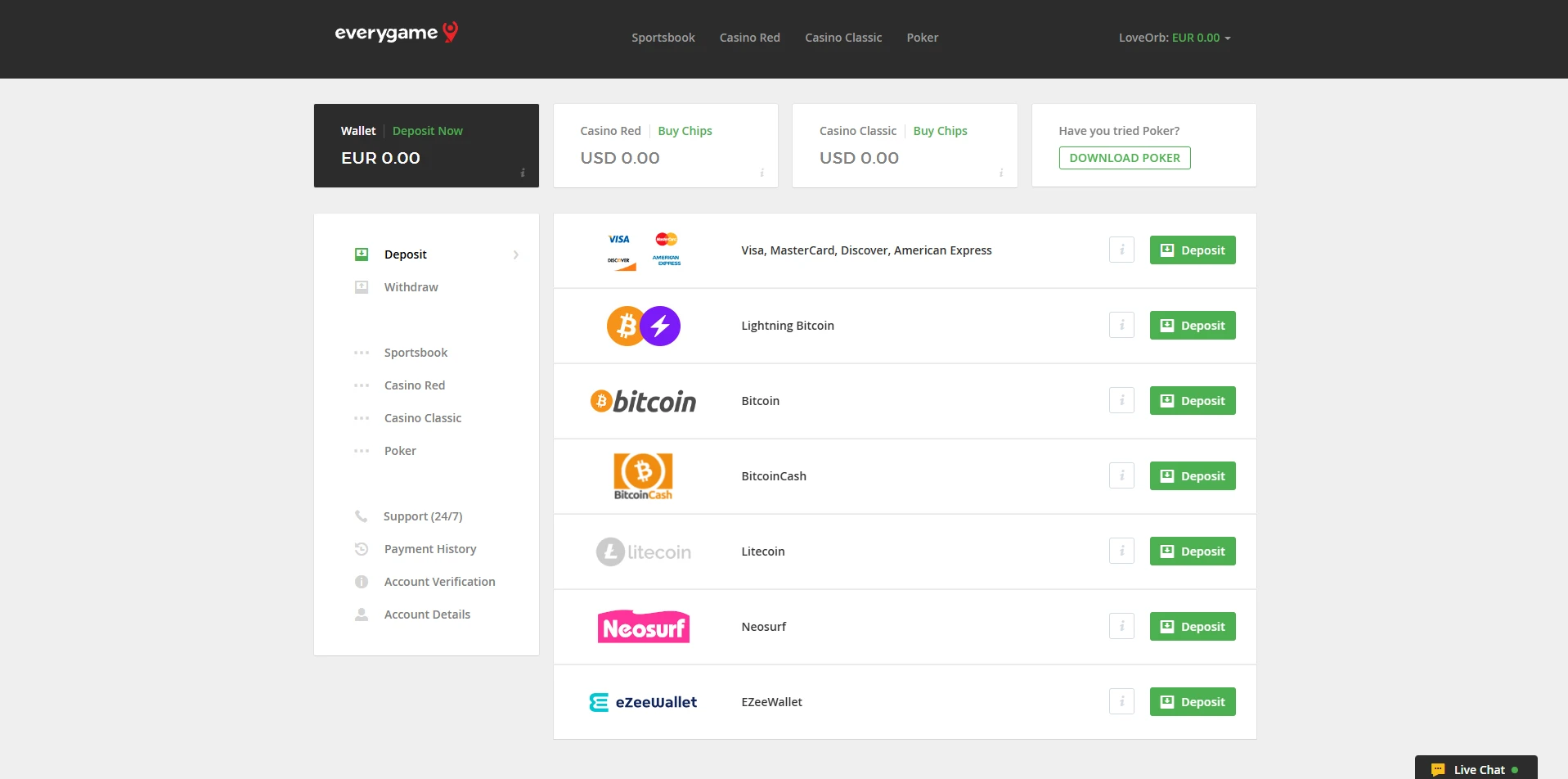 Everygame Casino deposit options A screenshot of the deposit options at Everygame Casino
