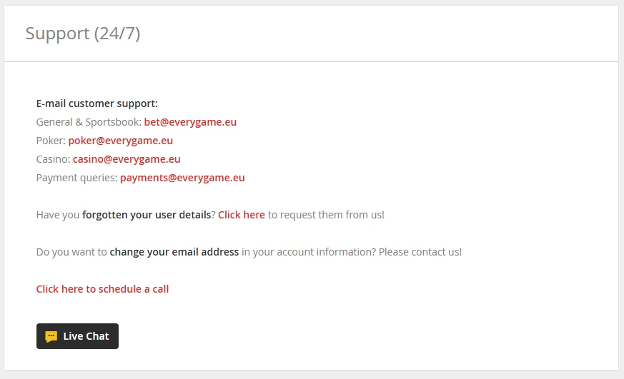 Everygame Casino customer support screenshot