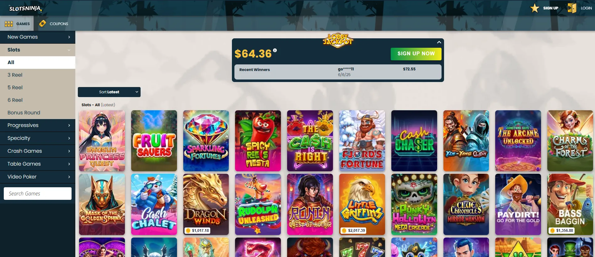 Game selection at Slots Ninja