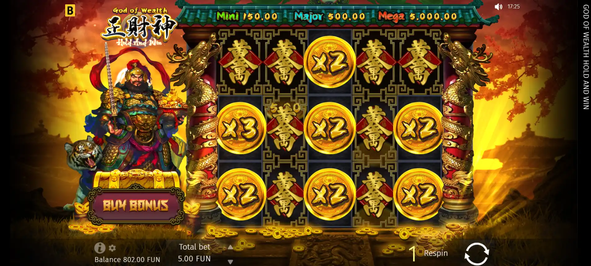 God of Wealth Hold and Win from bGaming A gameplay image of bGaming's God of Wealth Hold and Win