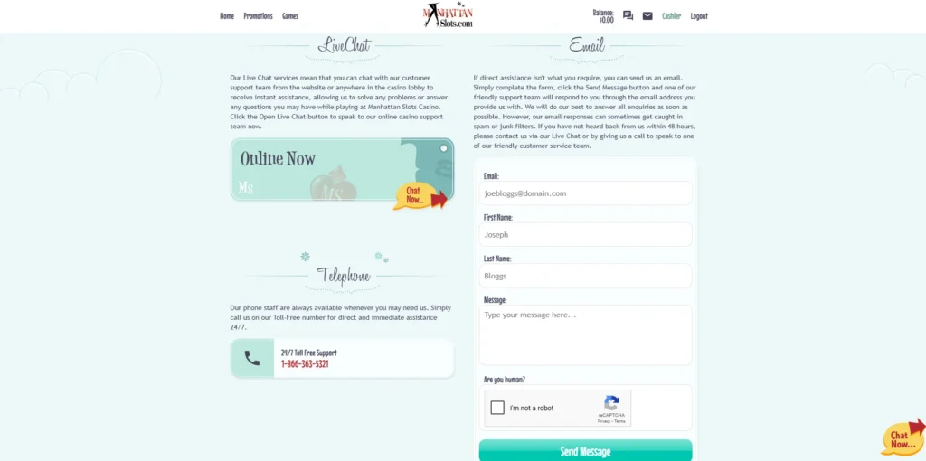 A screenshot of the live chat support at Manhattan Slots