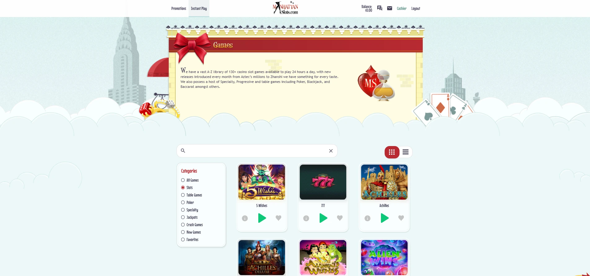 A screenshot of the game selection at Manhattan Slots