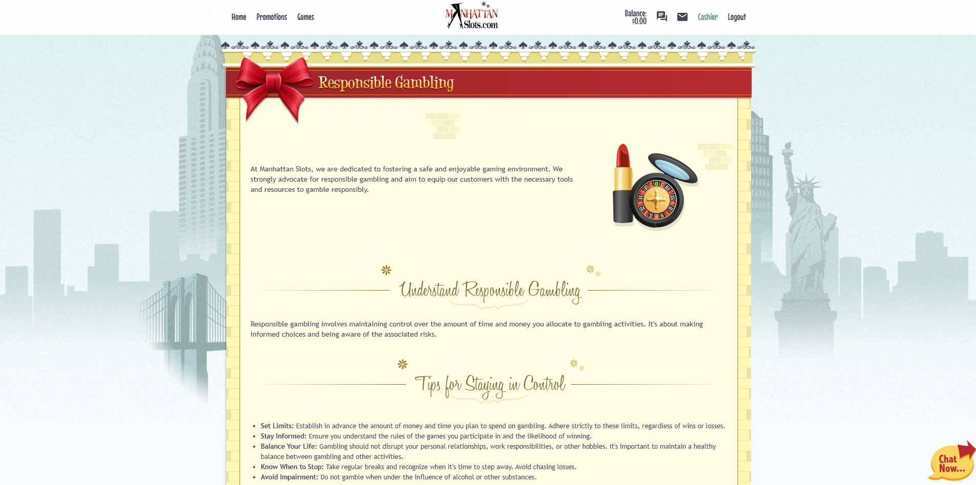 A screenshot of the responsible gaming terms at Manhattan Slots