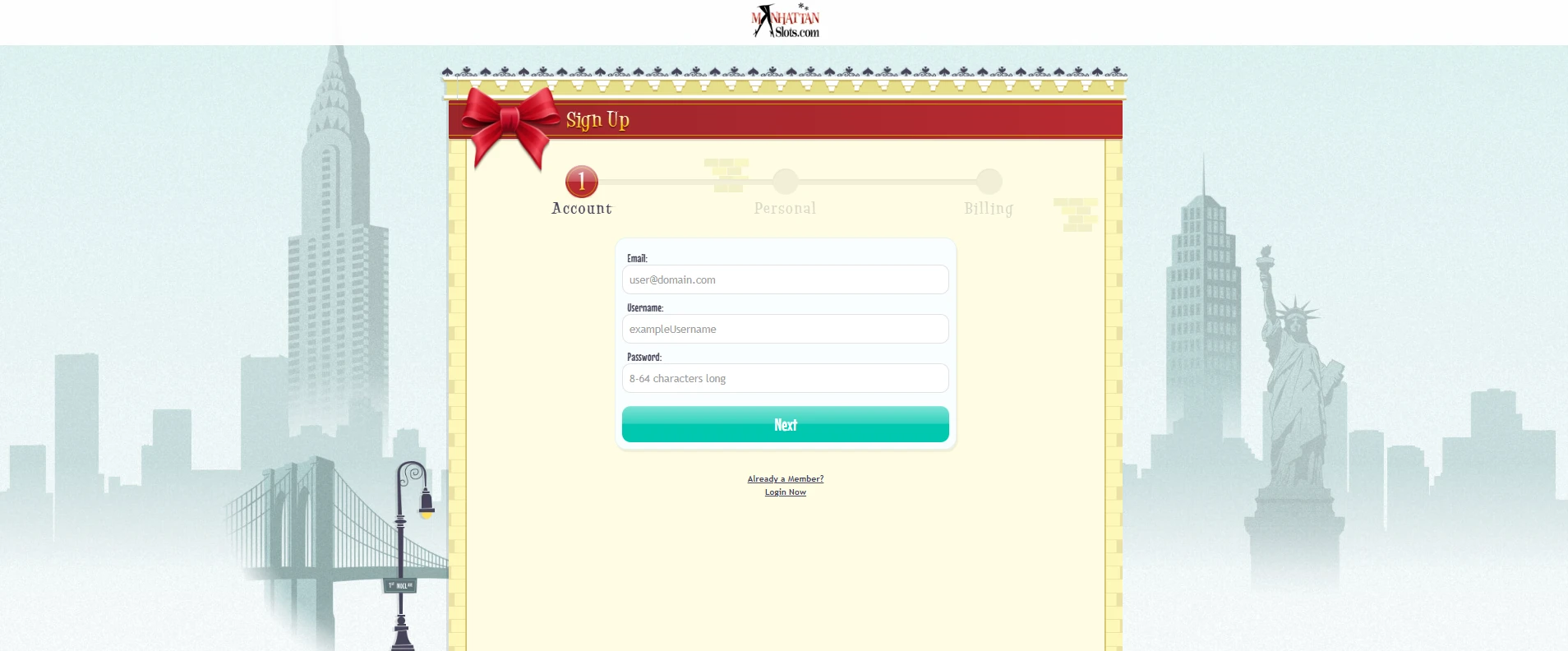 A screenshot of the signup flow at Manhattan Slots
