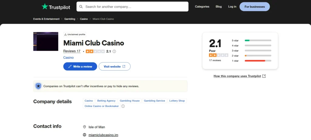 Miami Club Casino Negative Reviews in Trustpilot