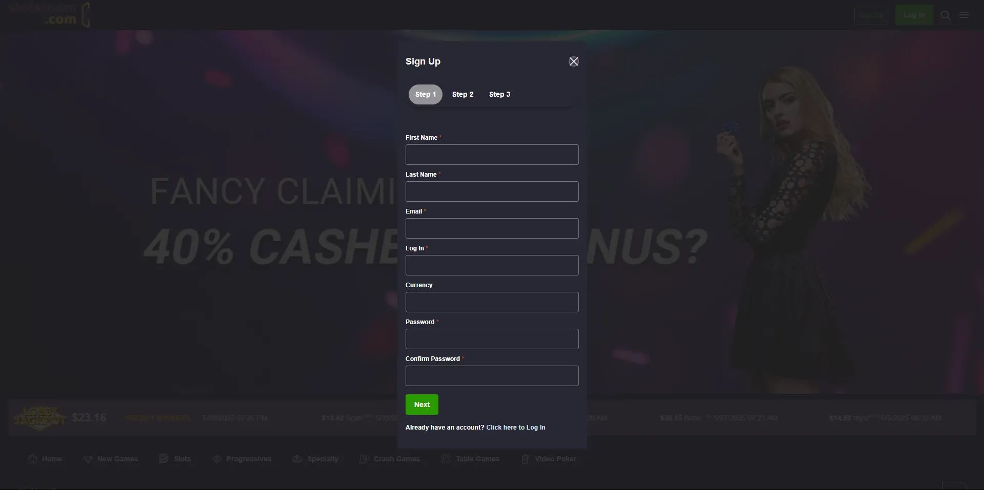 Personal information form at SlotsRoom