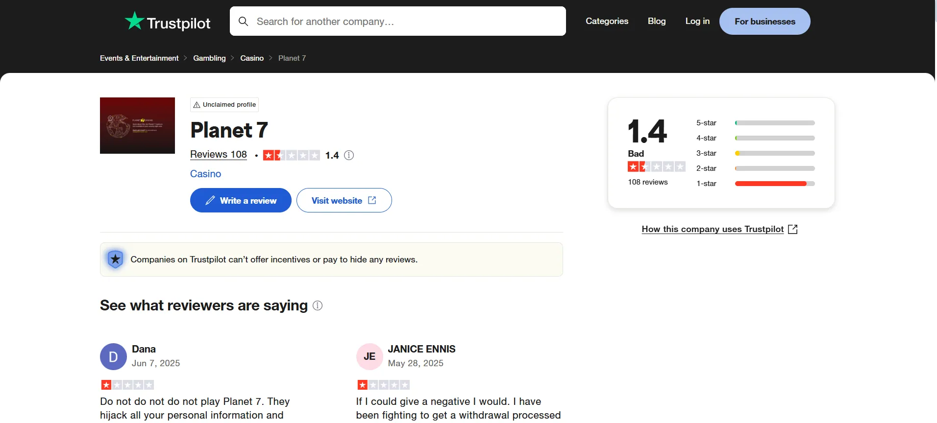 A screenshot of Planet 7 Trustpilot Rating