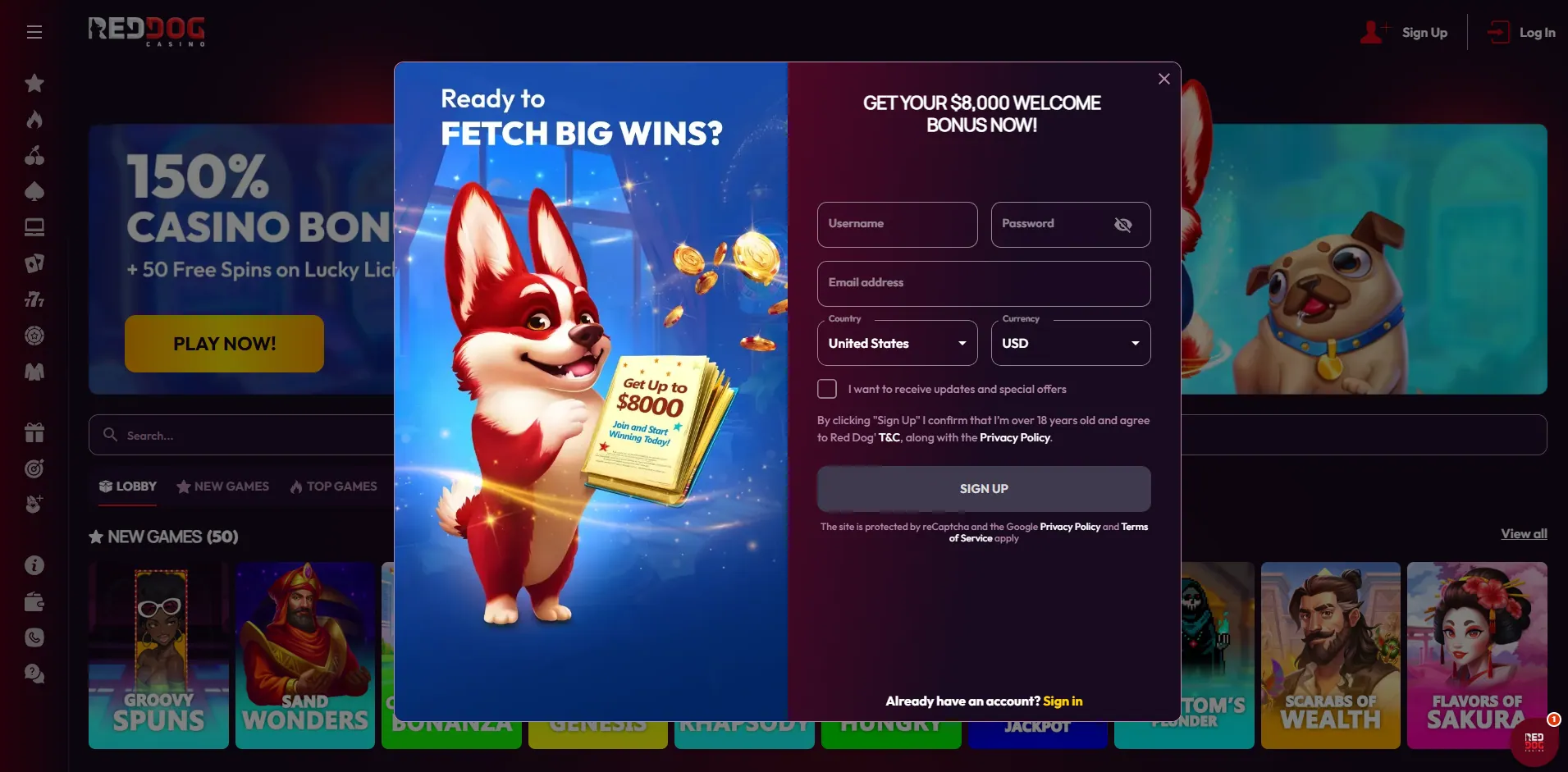 A screenshot of Red Dog sign up page