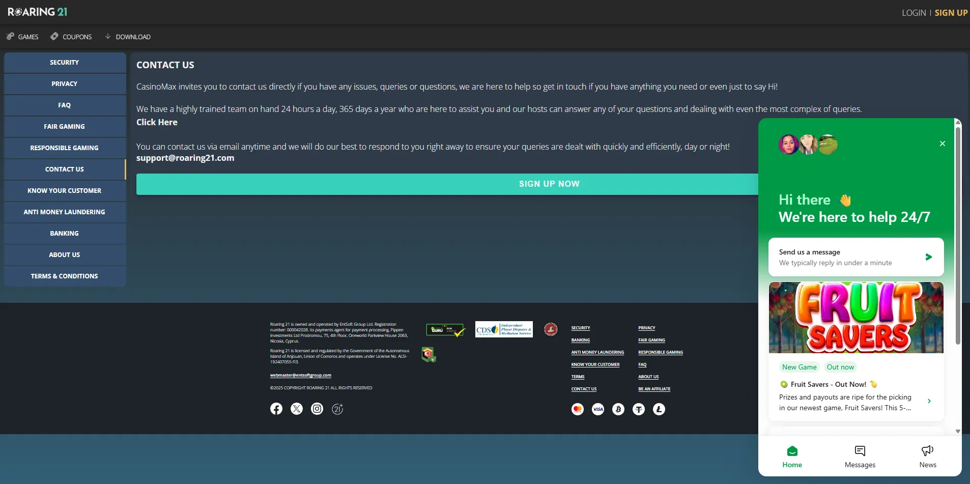 Customer Support Methods at Roaring 21