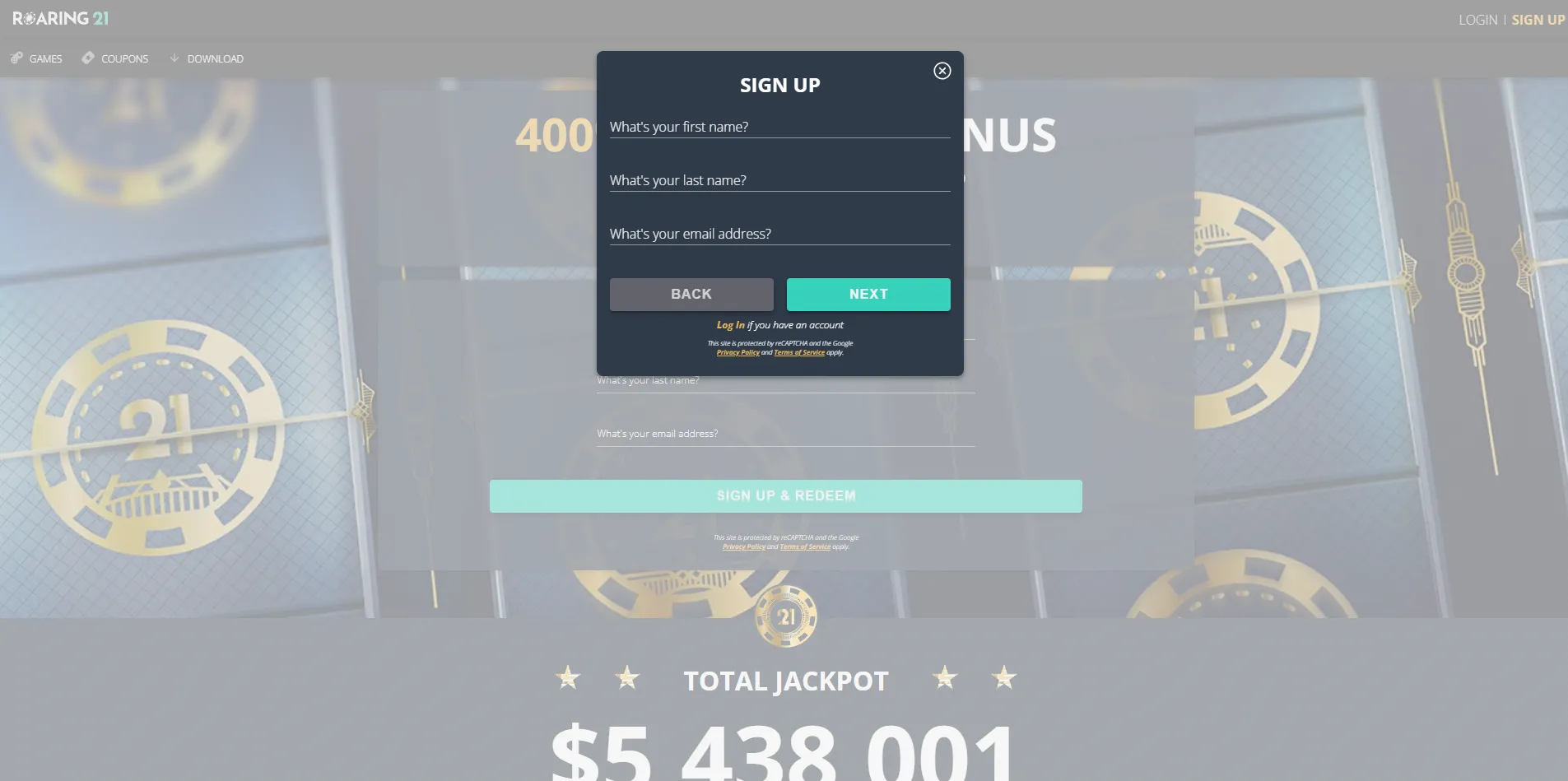 Roaring 21 Sign Up Sign Up Form at Roaring 21