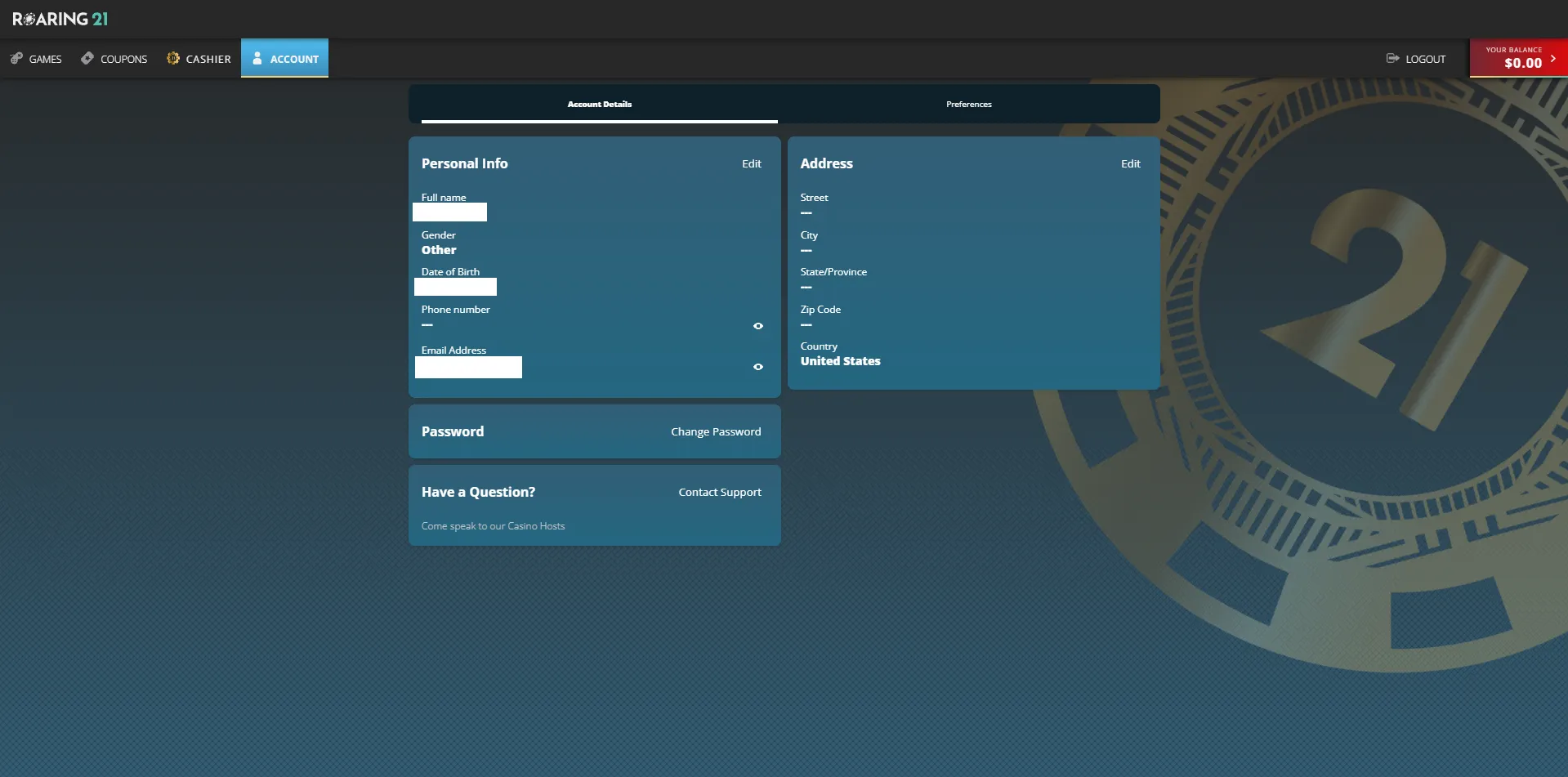 Roaring 21 Profile Completion Complete your profile to start playing at Roaring 21