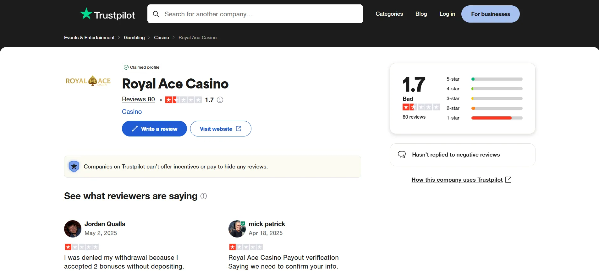 A screenshot of Royal Ace Casino Trustpilot rating