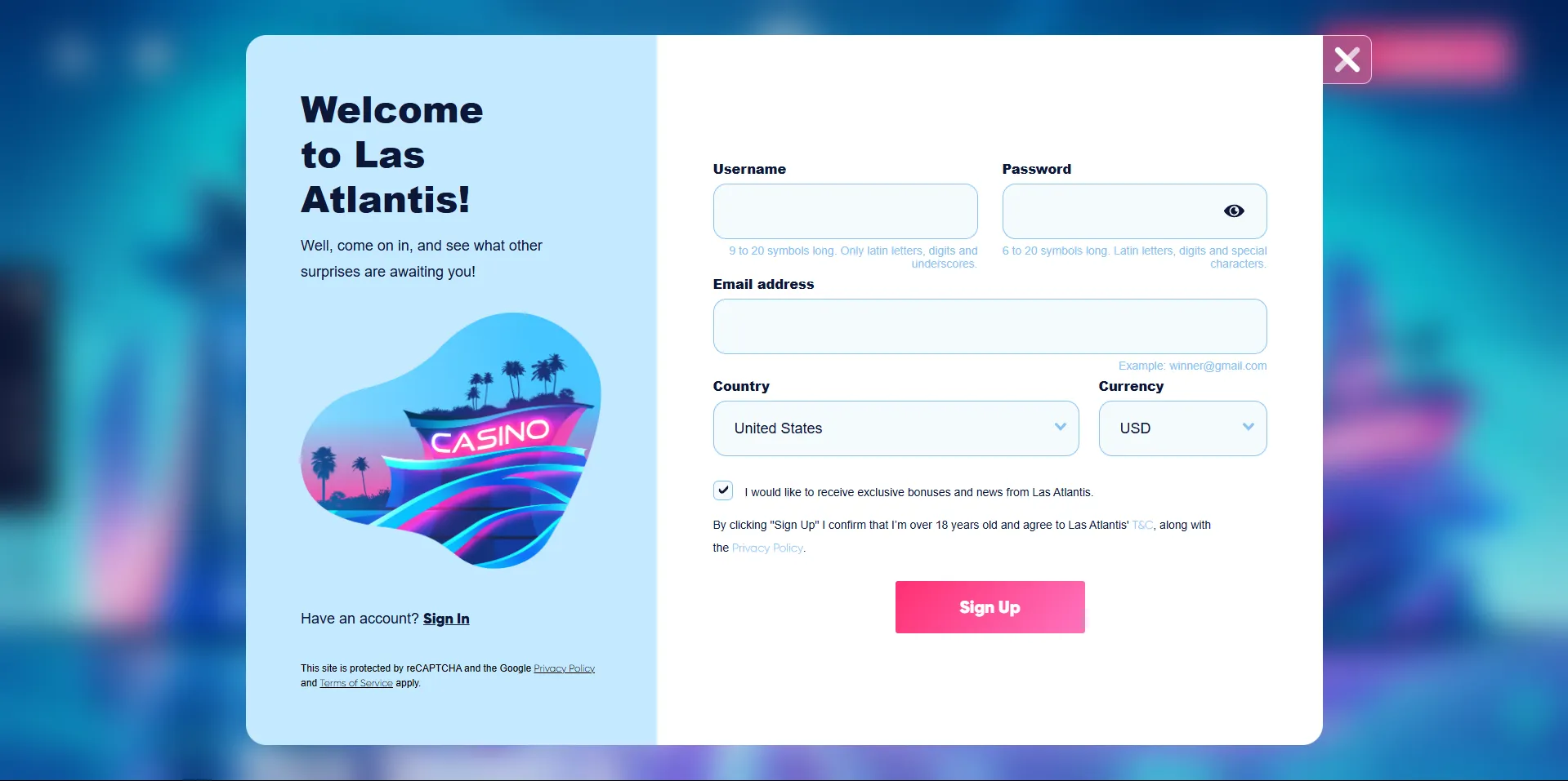 Sign Up at Las Atlantis