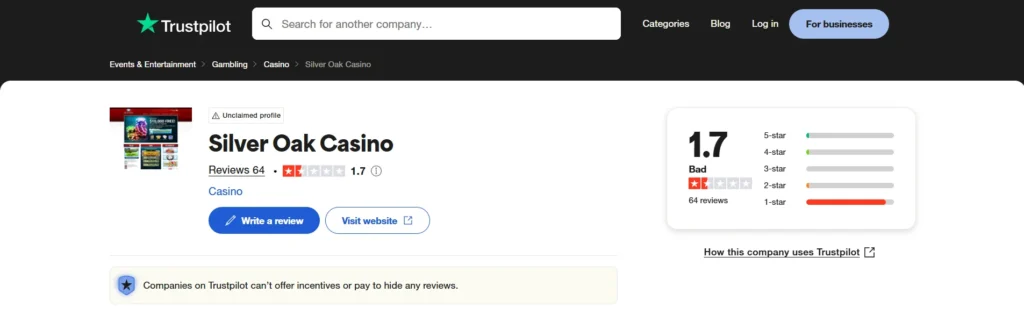 Silver Oak Casino review on TrustPilot
