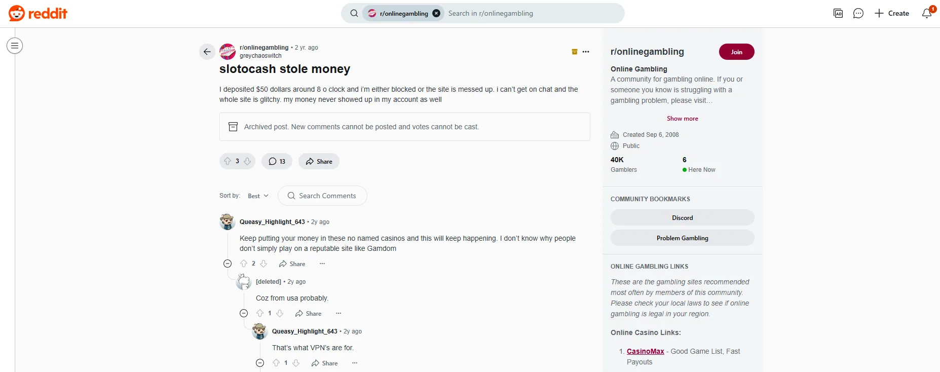 A screenshot of SlotoCash Reddit negative review