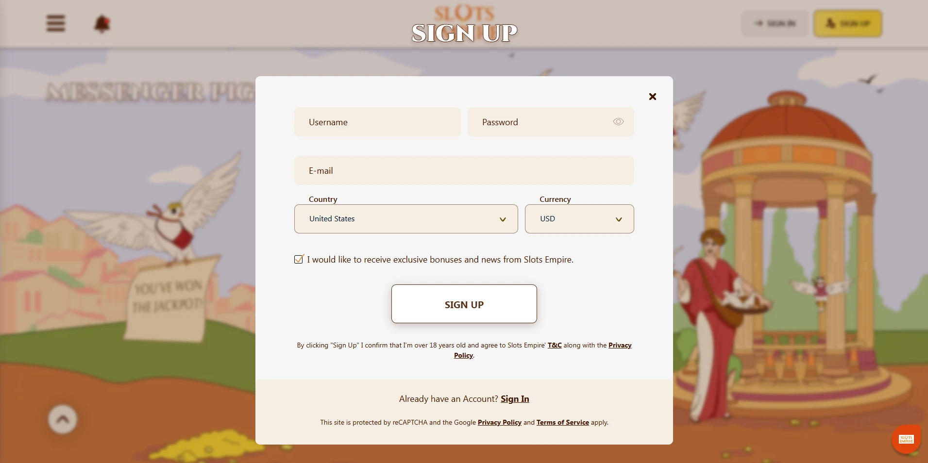 A screenshot of the sign up flow at Slots Empire