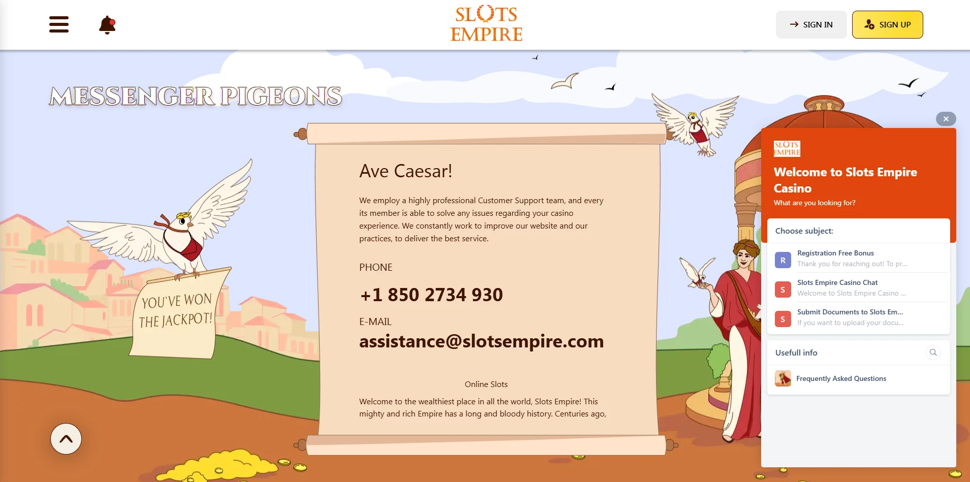 A screenshot of the Slots Empire customer support page