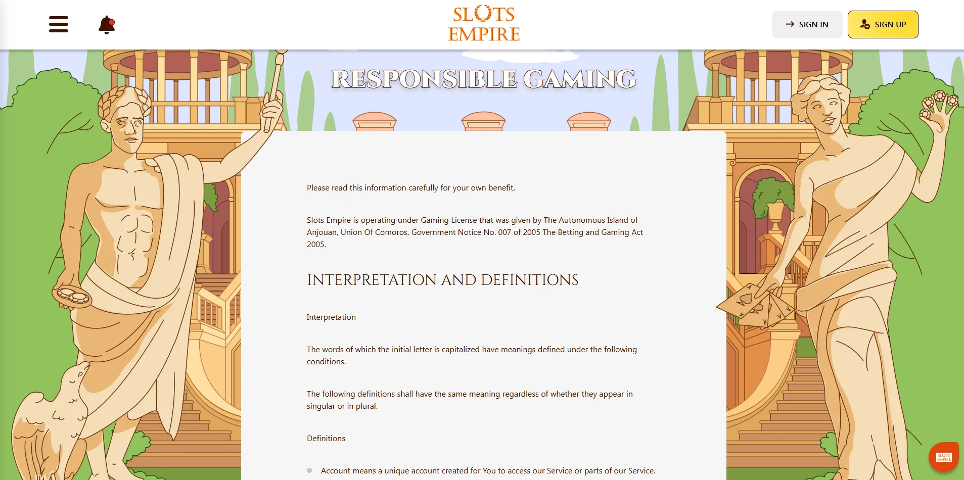 Slots Empire responsible gaming terms