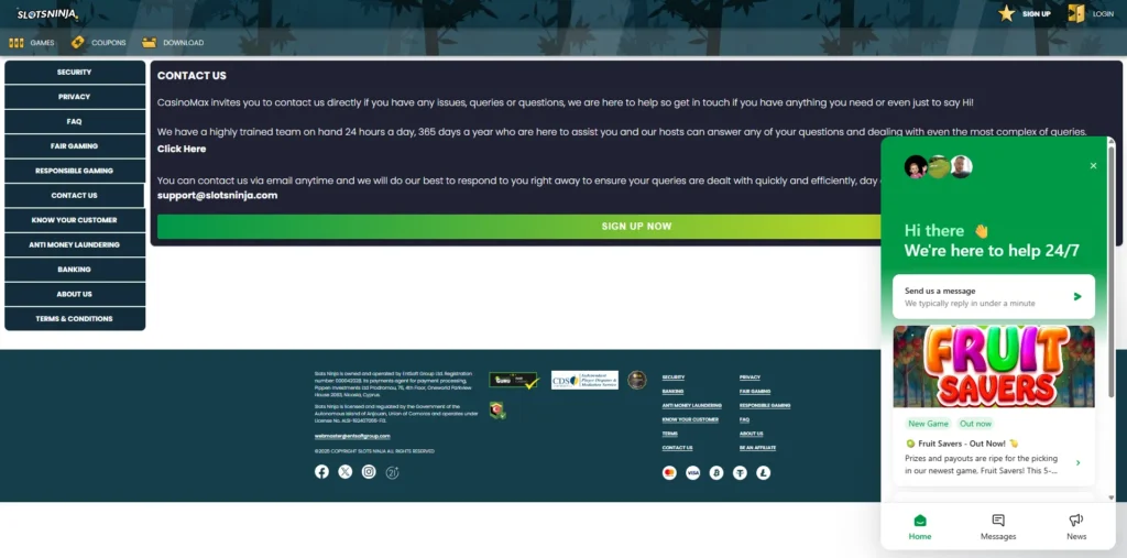 Contact Methods Available at Slots Ninja