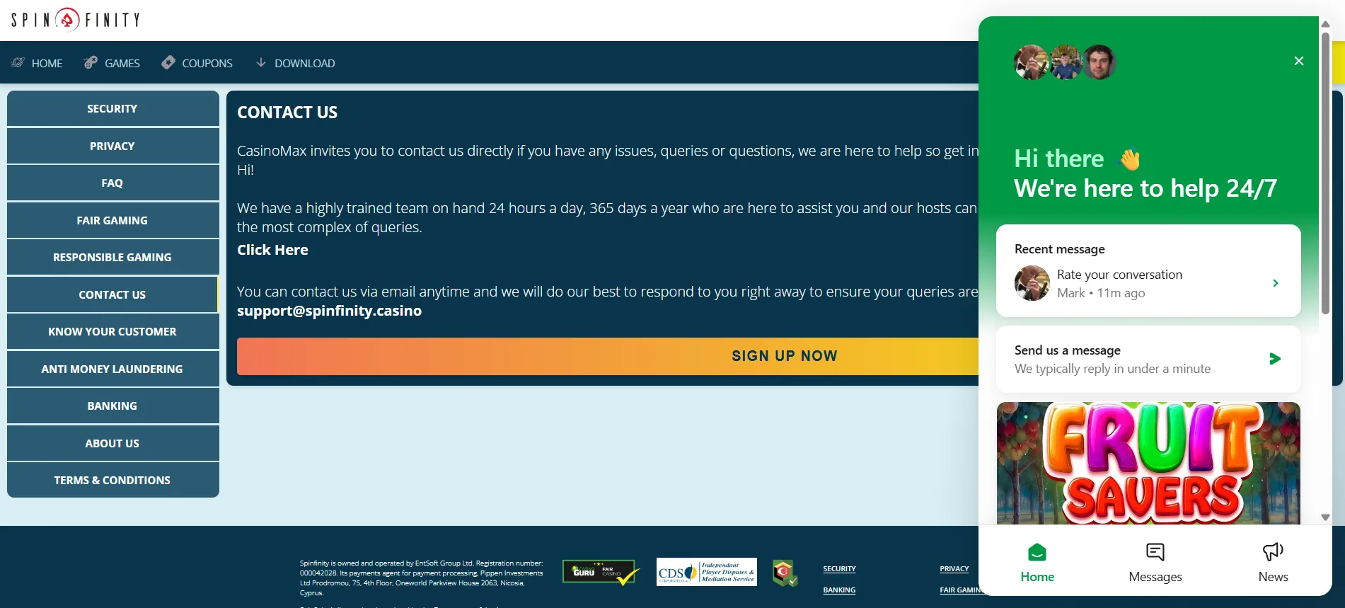A screenshot of Spinfinity customer support
