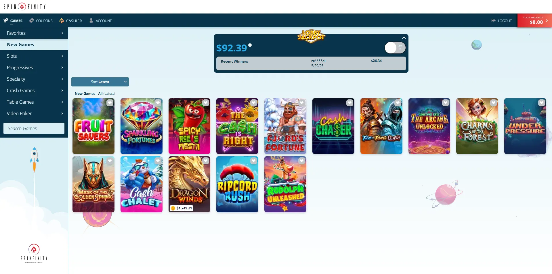 Spinfinity play games A screenshot of Spinfinity game lobby