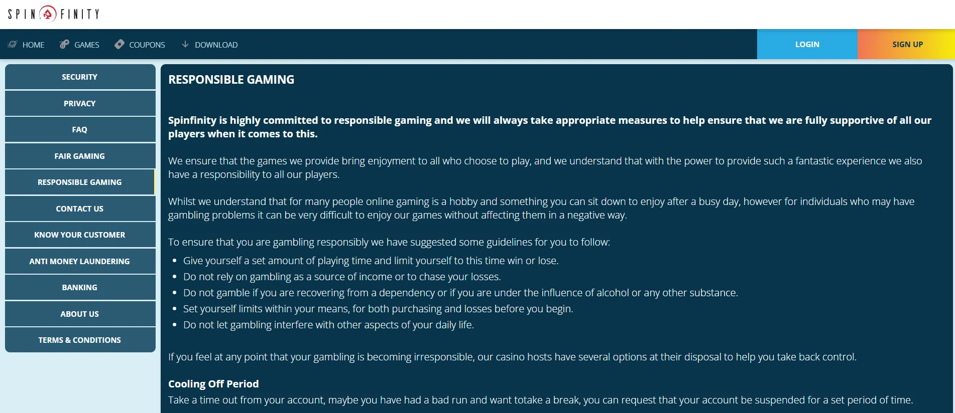 A screenshot of Spinfinity responsible gaming page