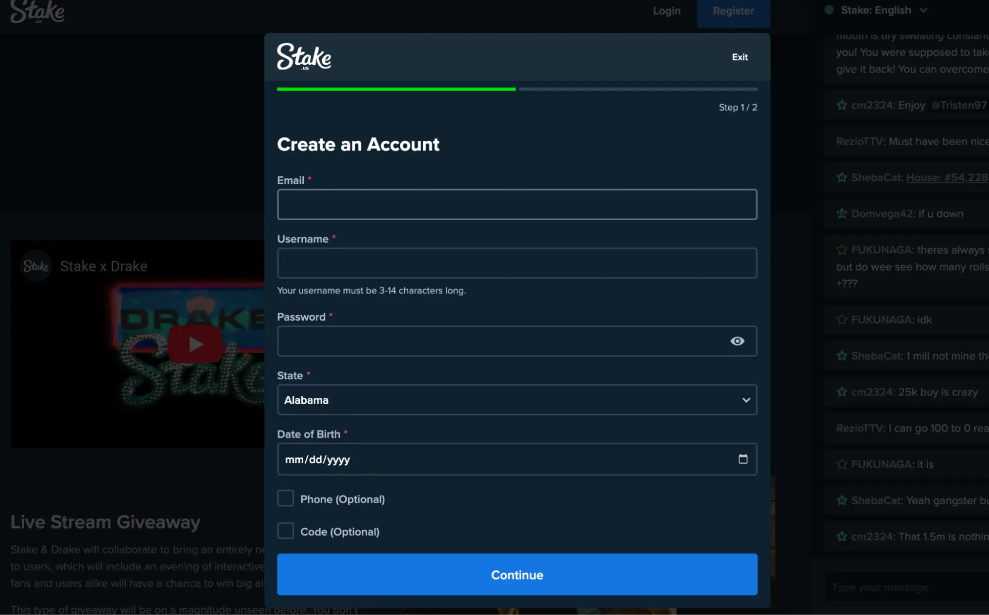 A screenshot of the signup process at Stake.us