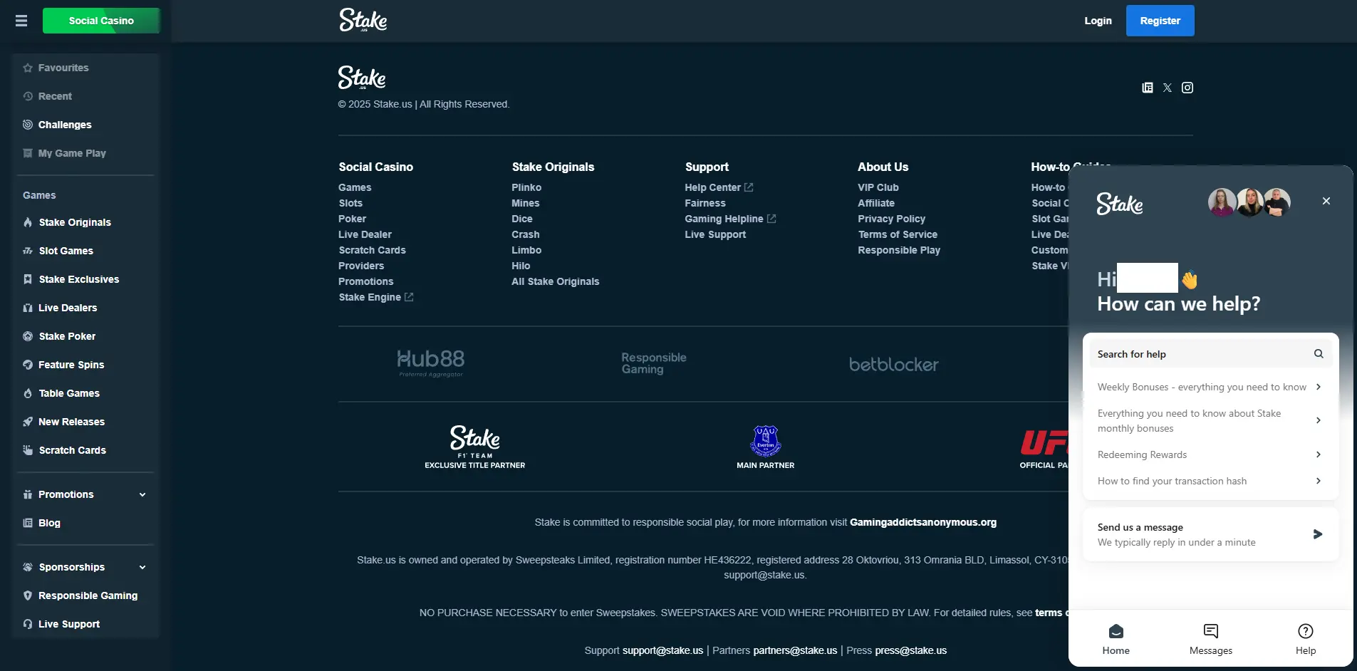 A screenshot of the Stake.us customer support