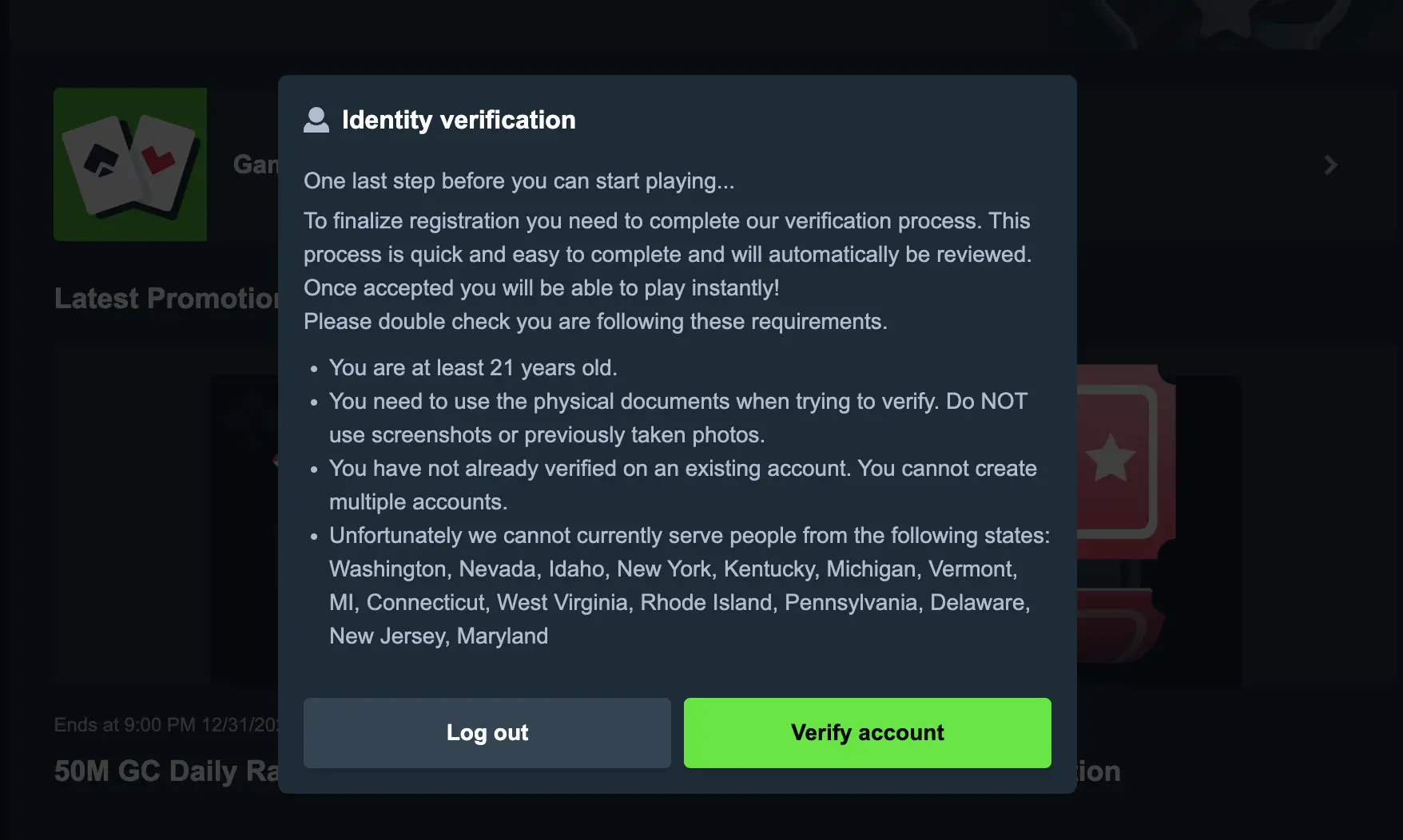 A screenshot of the Stake.us identify verification prompt