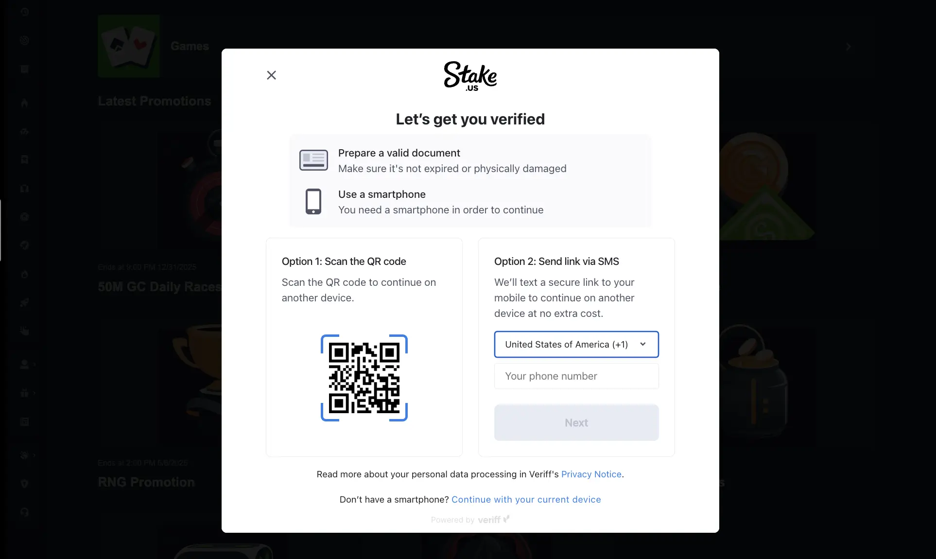 Verify your phone number at Stake.us