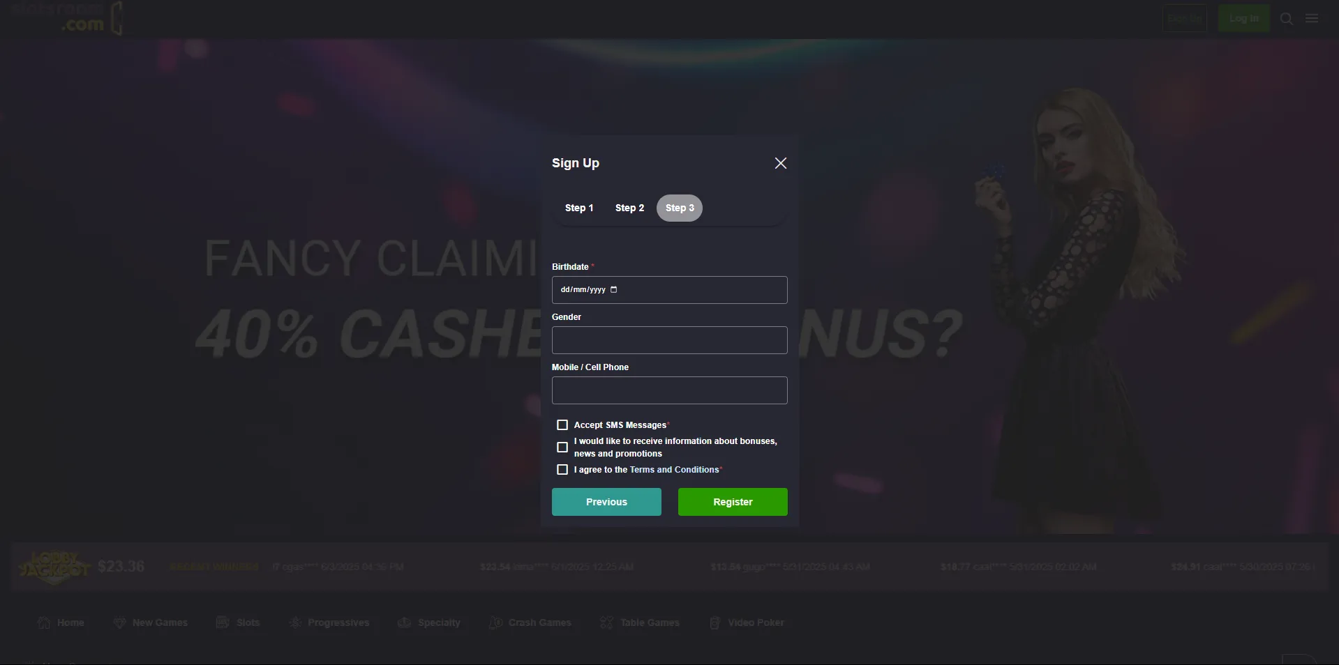 Verification form at SlotsRoom