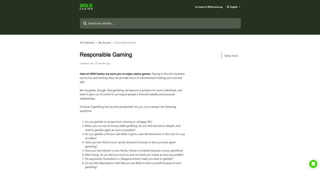 A screenshot of Wild Casino's responsible gambling terms
