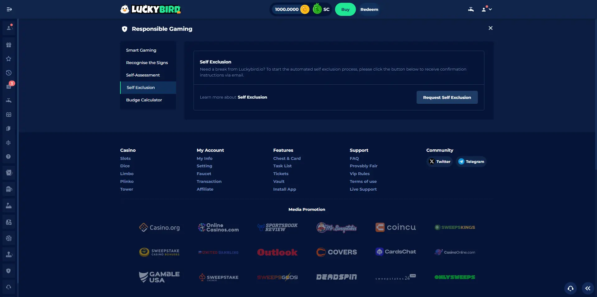 A screenshot of the responsible gaming section at LuckyBird.io