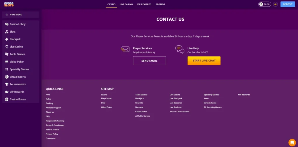 A screenshot of where to contact customer support at Super Slots