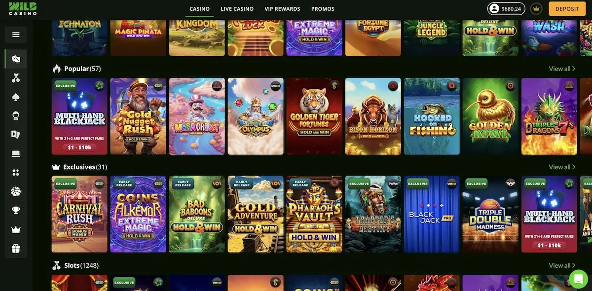A screnshot of the game selection at Wild Casino