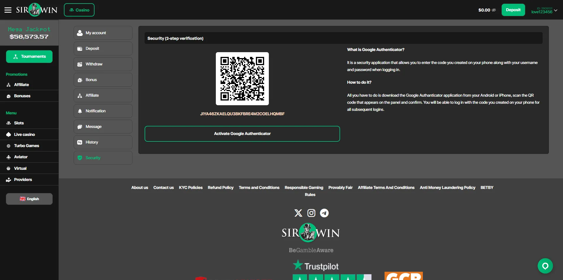 Sirwin Account Security Screenshot of account button of sriwin